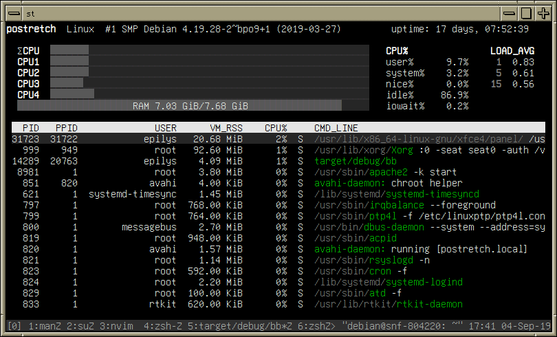 bb showing process list with CPU and memory usage