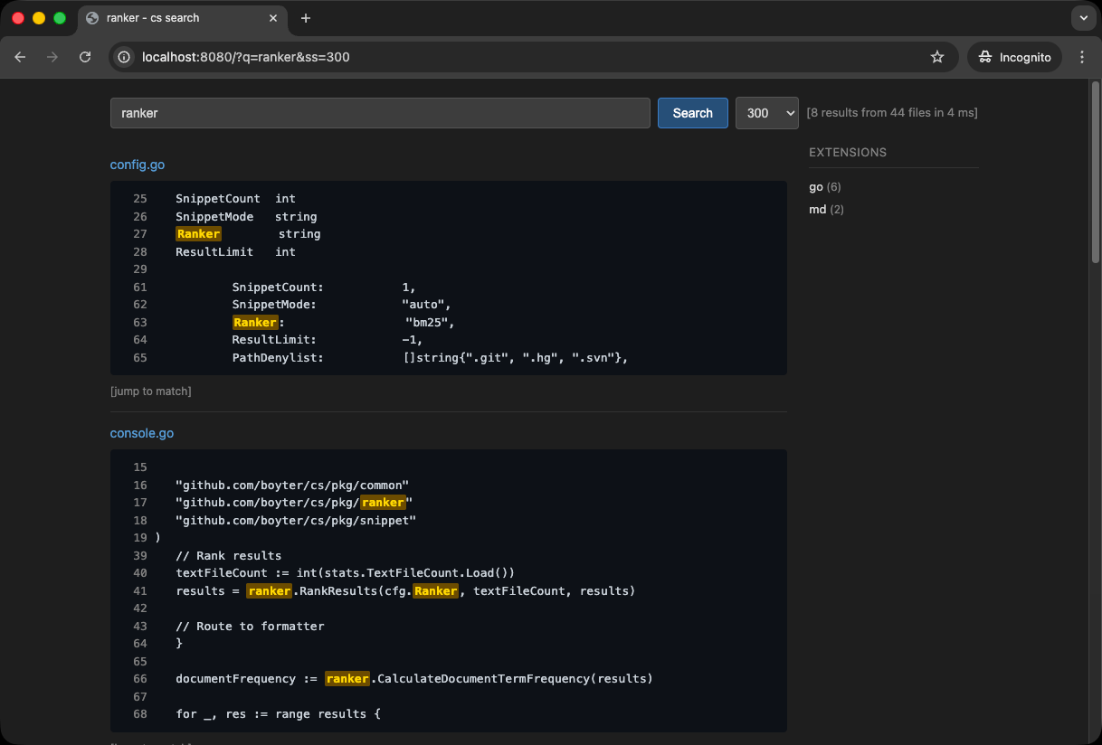 cs HTTP interface displaying code search results with syntax highlighting