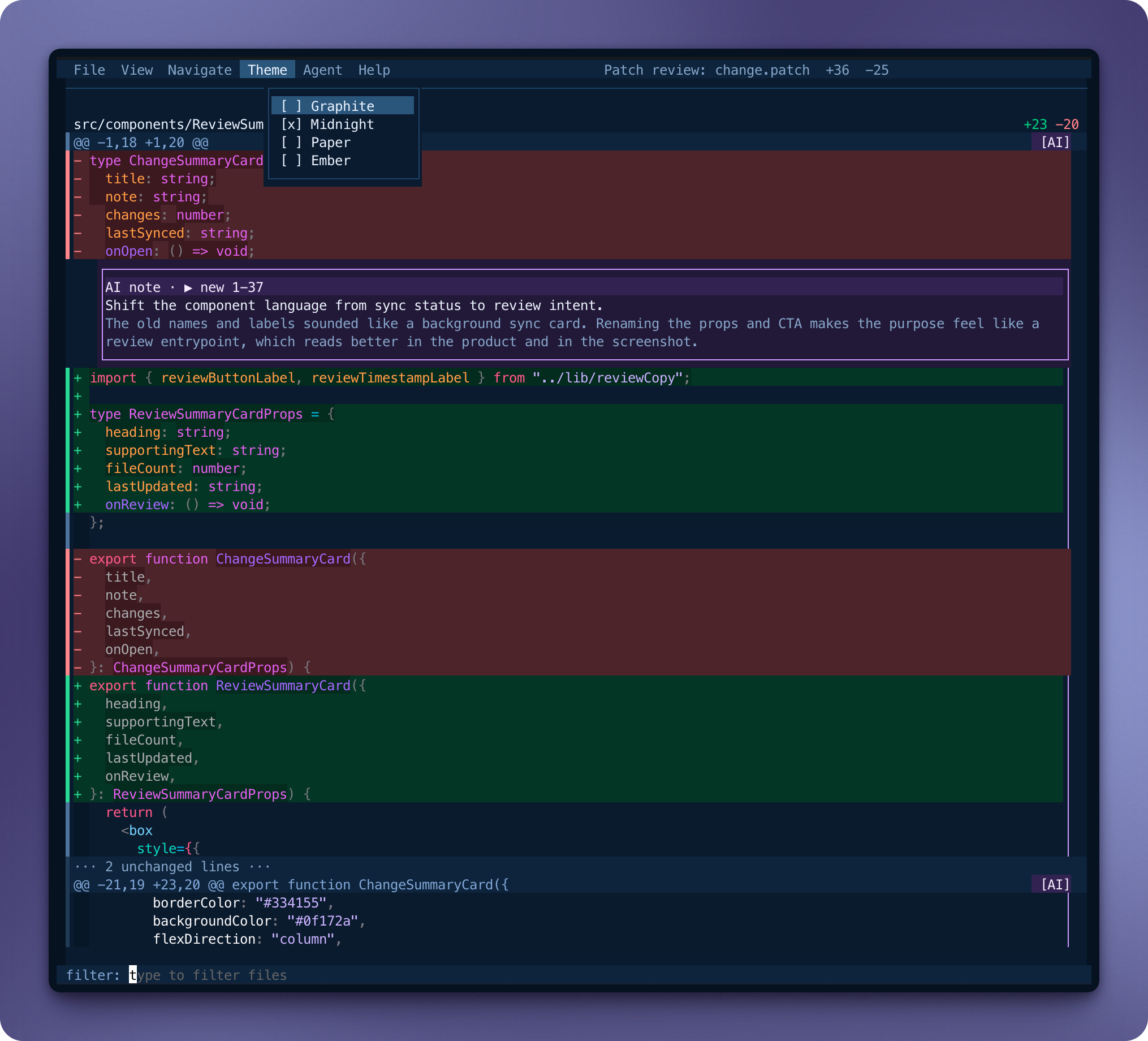 hunk showing a stacked diff view with sidebar navigation and inline annotations