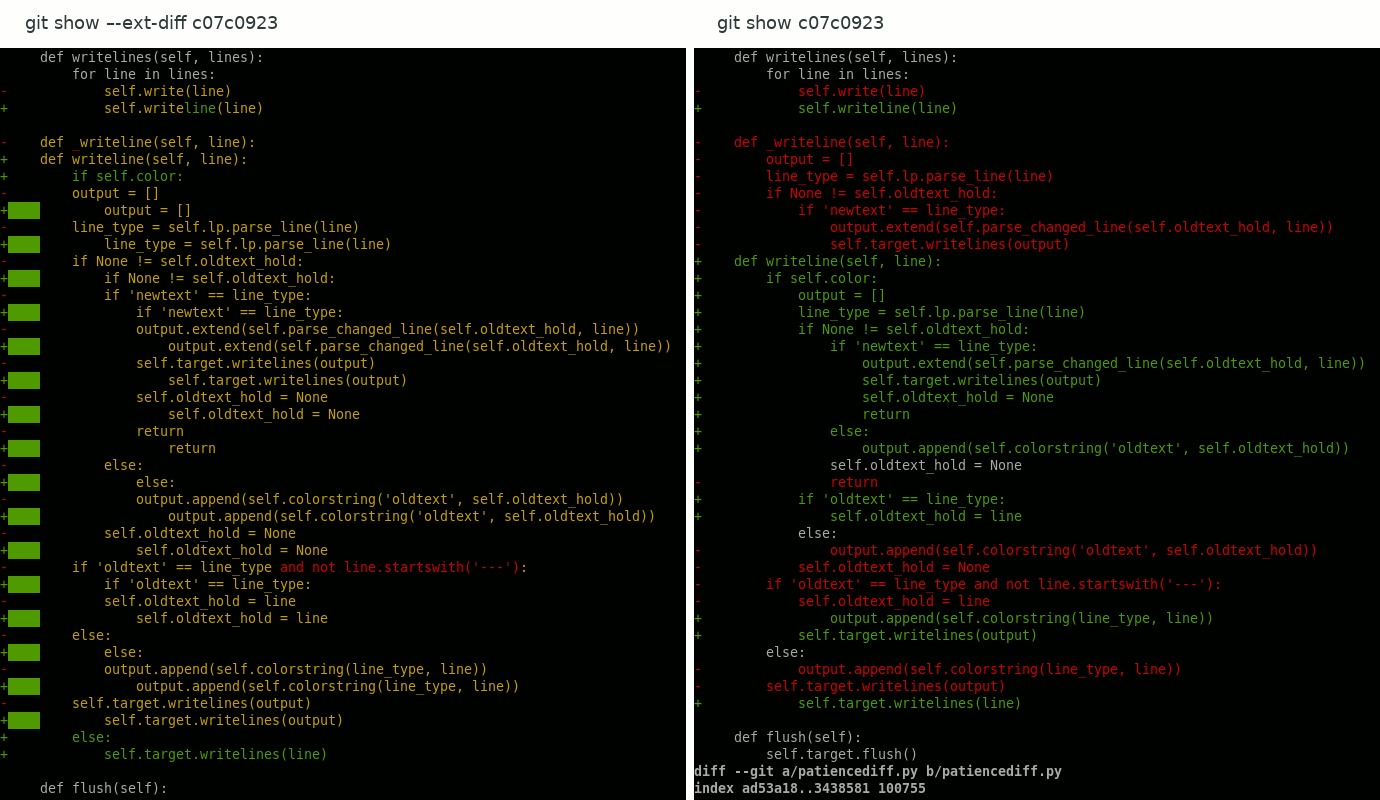 Comparison of klondiff output versus standard diff
