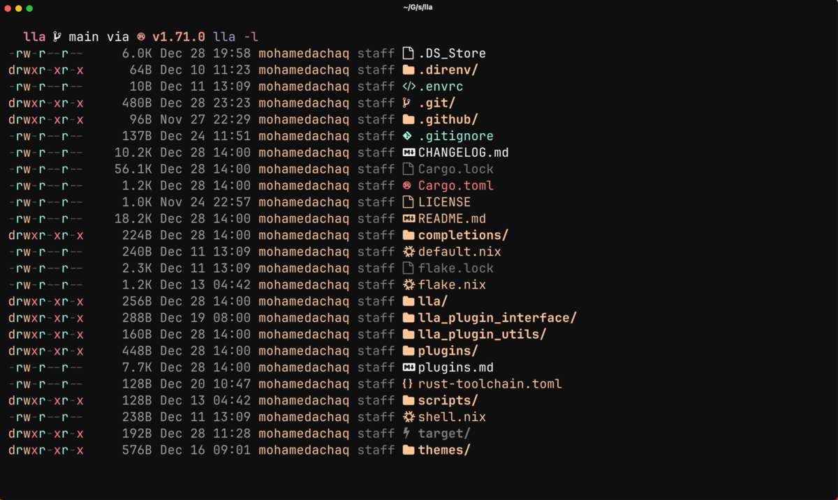 Long format view with per-file permissions and metadata