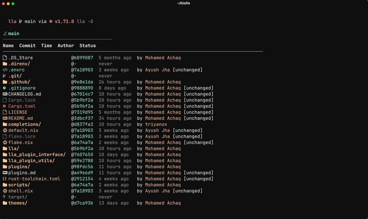 Git view with per-file commit history and change status