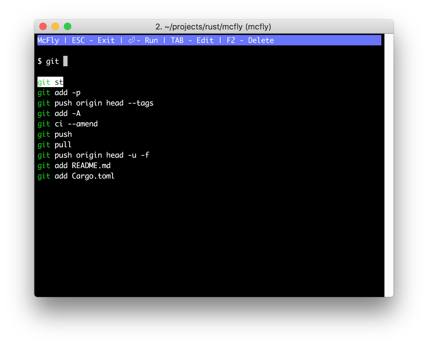 McFly interface showing intelligent history search results