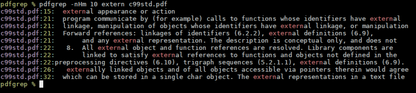 pdfgrep displaying search results in a PDF file