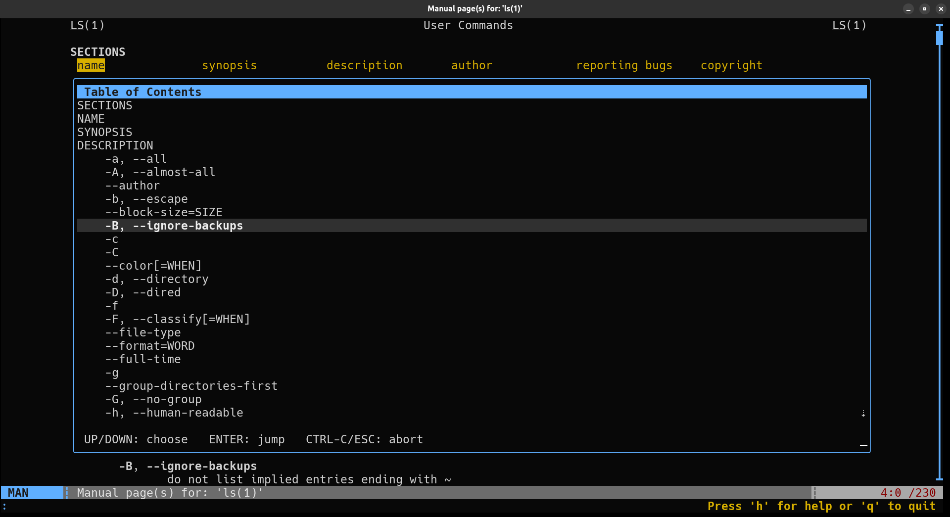qman displaying a man page with hyperlinks and table of contents