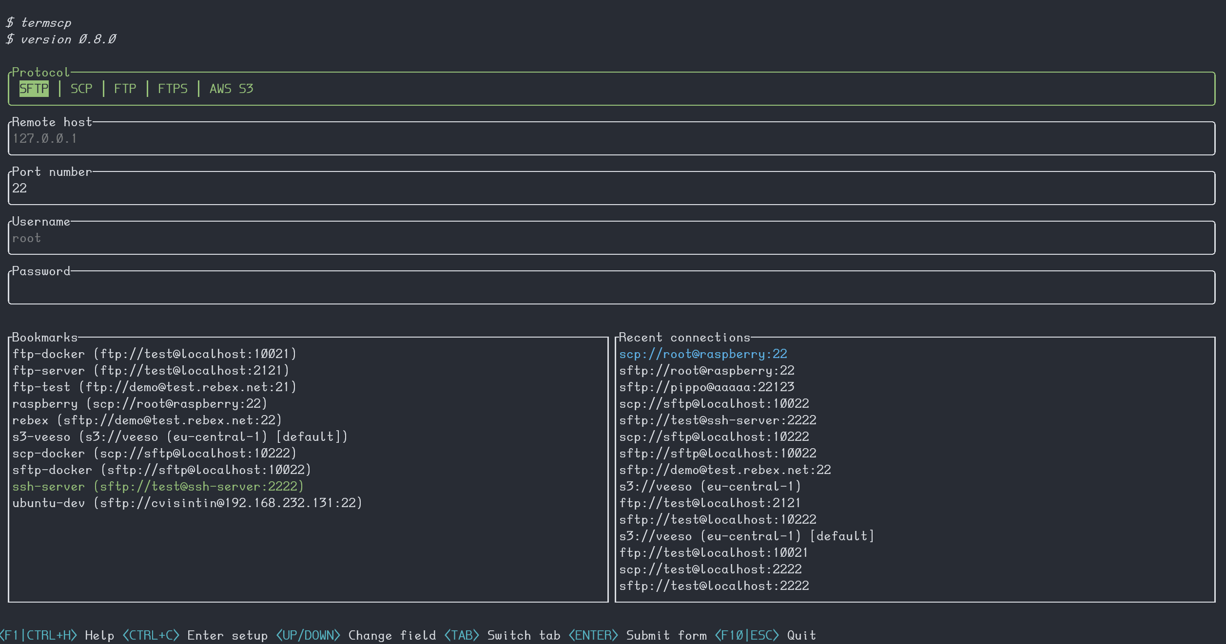 Termscp file explorer interface showing local and remote file management