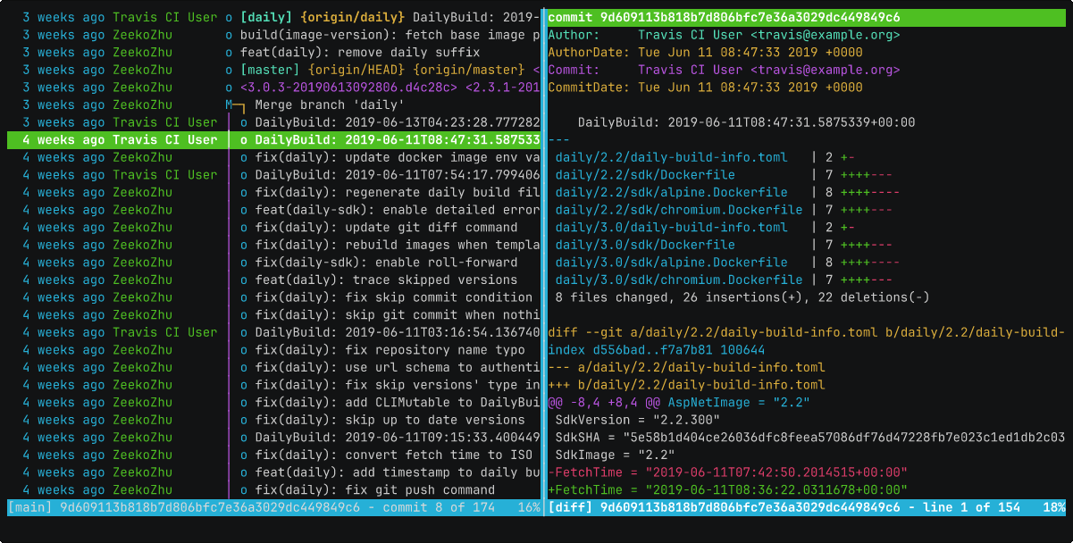 tig main view showing commit history and diff
