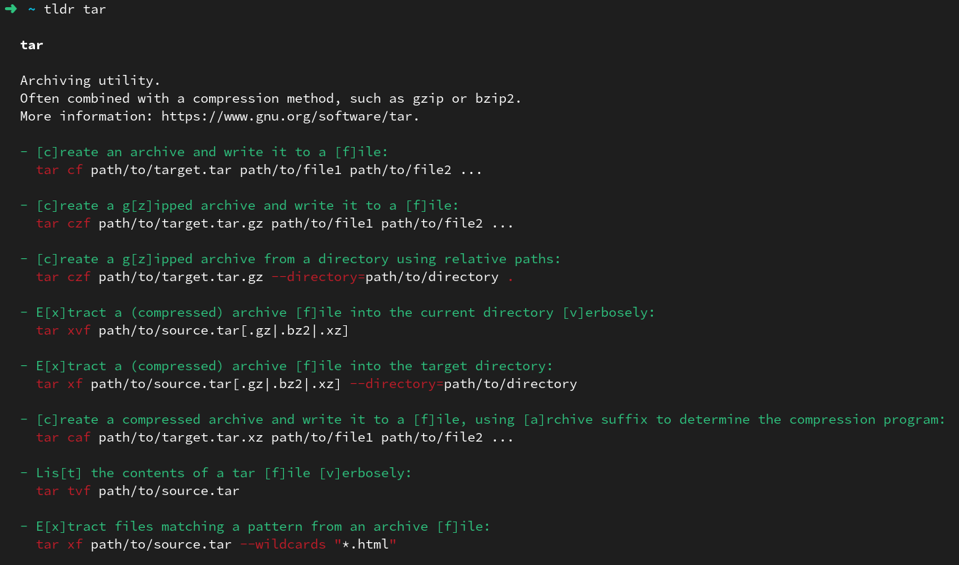 tldr displaying simplified help for a command