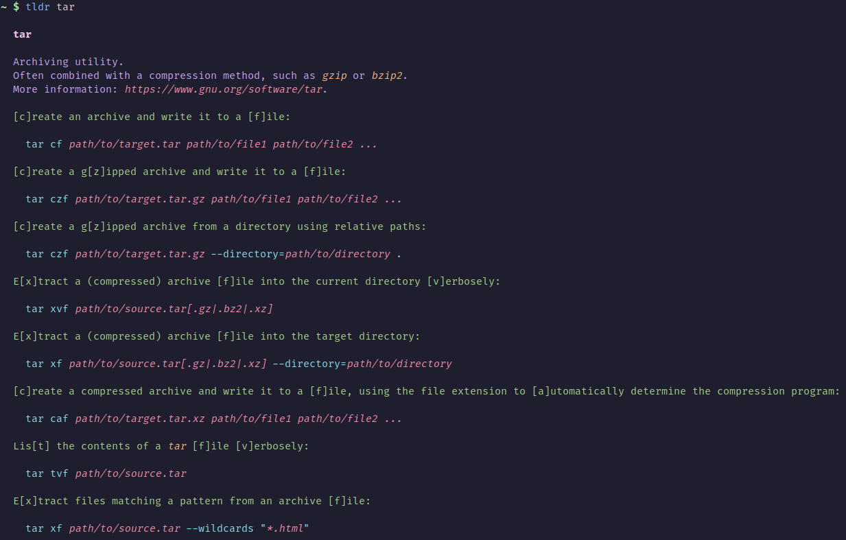 tlrc showing a tldr page with syntax-highlighted examples