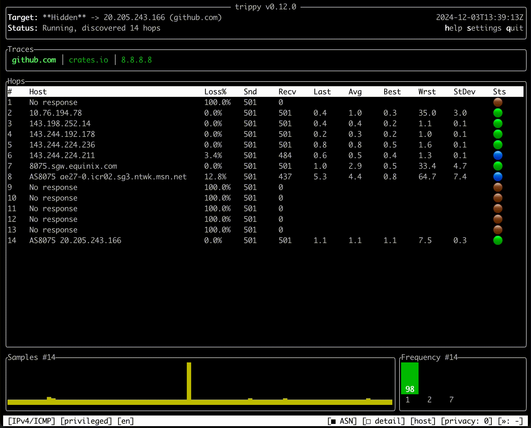 trippy showing network path and latency statistics in terminal UI