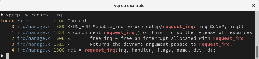 vgrep displaying indexed search results in the terminal
